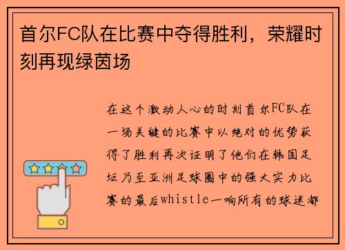 首尔FC队在比赛中夺得胜利，荣耀时刻再现绿茵场